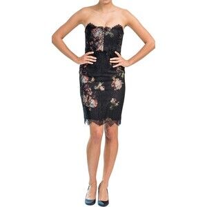 MARCHESA NOTTE Womens Sheath Dress Small Black Strapless Floral Lace Beaded Silk